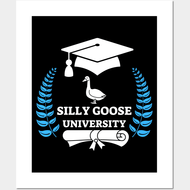 Silly Goose University - Standing Goose White Design With Blue Details Wall Art by Double E Design